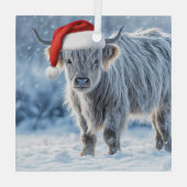 Highland Cow Cute in Snow Santa Hat ガラスオーナメント (裏面)