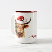 Highland Cow Festive Farm Animal Christmas ツートーンマグカップ (正面左)