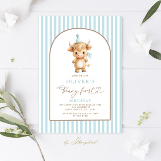Highland Cow First Birthday Boy Invitation 招待状