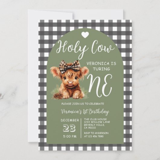 Highland Cow First Birthday Girl Gingham Party 招待状 (正面)