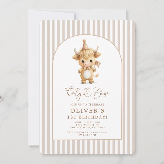 Highland Cow First Birthday Neutral 招待状 (正面)