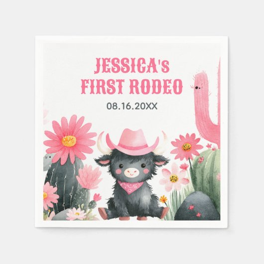 Highland Cow First Rodeo Western Kids' Birthday スタンダードカクテルナプキン (正面)