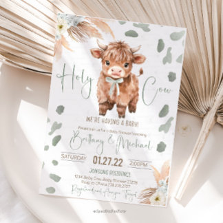 Highland Cow Holy Cow baby shower green Invitation 招待状