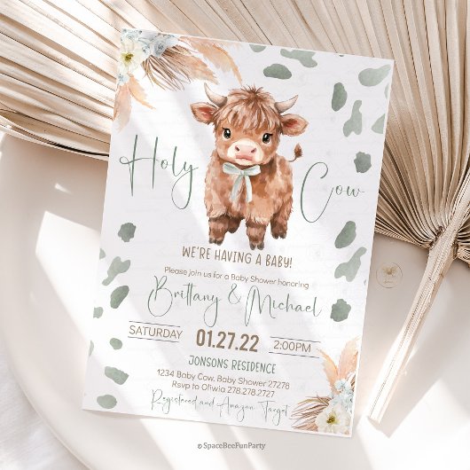 Highland Cow Holy Cow baby shower green Invitation 招待状