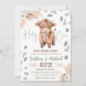 Highland Cow Holy Cow baby shower green Invitation 招待状 (正面)