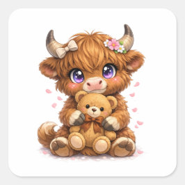  Highland Cow Hugging Teddy Bear Square Sticker スクエアシール