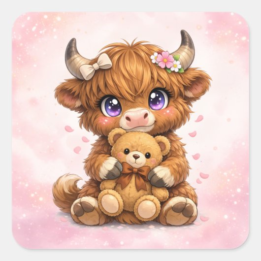 Highland Cow Hugging Teddy Bear Square Sticker スクエアシール (正面)