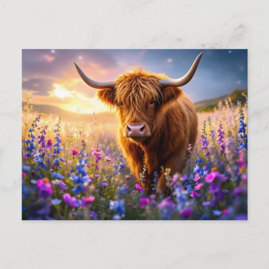 Highland Cow in a field of colorful flowers ポストカード (正面)
