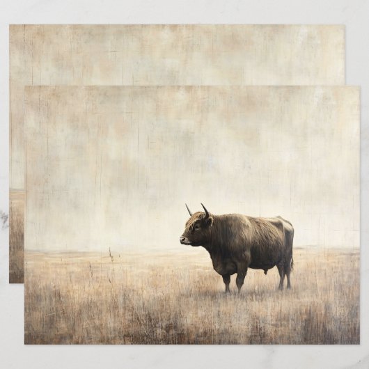 Highland Cow in a Field Sepia Scrapbook Paper (正面/裏面)