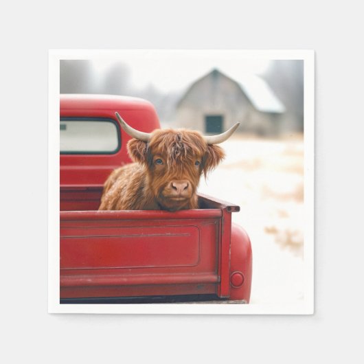 Highland Cow In a Red Retro Pickup Truck スタンダードカクテルナプキン (正面)