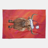 Highland cow in Santa Hat on Red キッチンタオル (横)