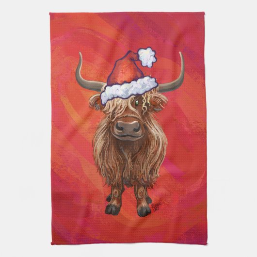 Highland cow in Santa Hat on Red キッチンタオル (縦)