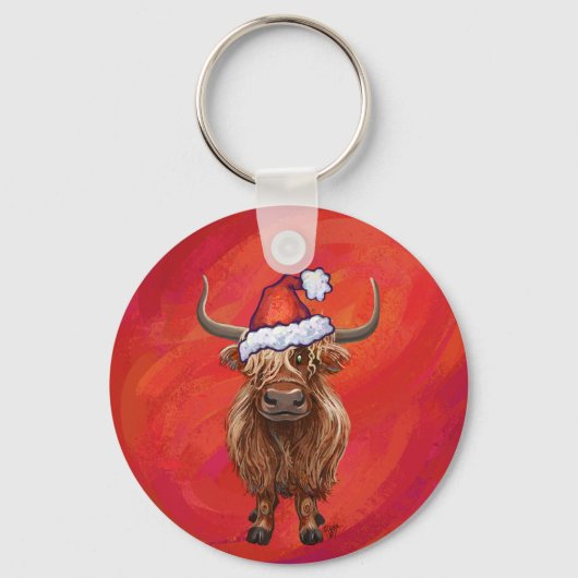 Highland Cow in Santa Hat on Red キーホルダー (正面)