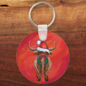 Highland Cow in Santa Hat on Red キーホルダー (裏面)