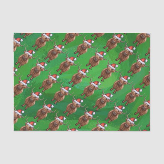 Highland Cow in Santa Hat Pattern On Green 薄葉紙 (正面)
