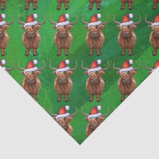 Highland Cow in Santa Hat Pattern On Green 薄葉紙 (詳細)