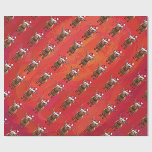 Highland cow in Santa Hat Pattern on Red ラッピングペーパー (フラット)