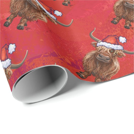 Highland cow in Santa Hat Pattern on Red ラッピングペーパー (ロールコーナー)
