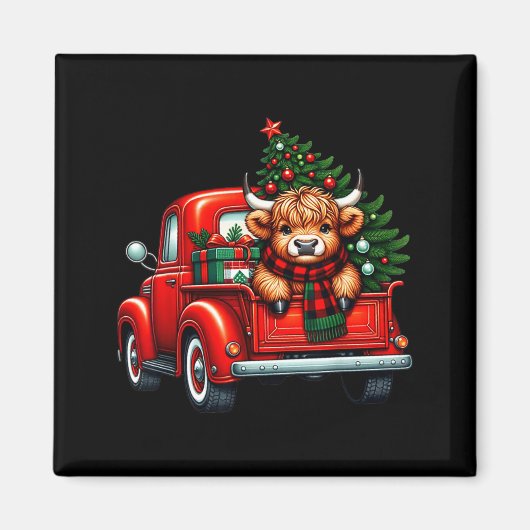Highland Cow In Truck Farm Farmer Christmas Cow Ca マグネット (正面)