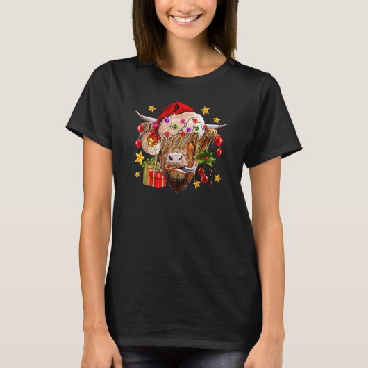 Highland Cow Joy Santa Hat Christmas Lights Wester Tシャツ (正面)