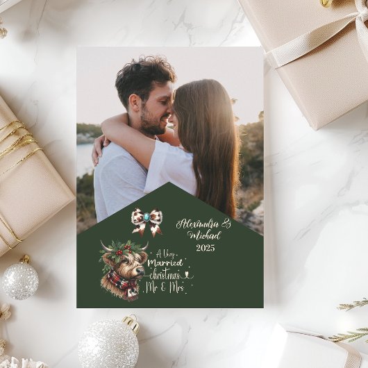 Highland Cow Merry Christmas Mrs and Mr  Photo  シーズンカード