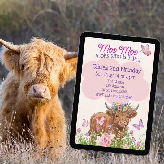 Highland Cow Moo Moo Two 2nd Birthday 招待状