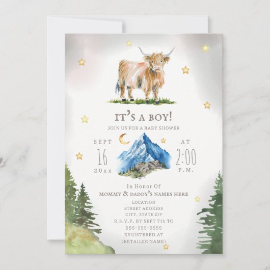 Highland Cow Moon Stars Mountain Baby Shower  招待状 (正面)