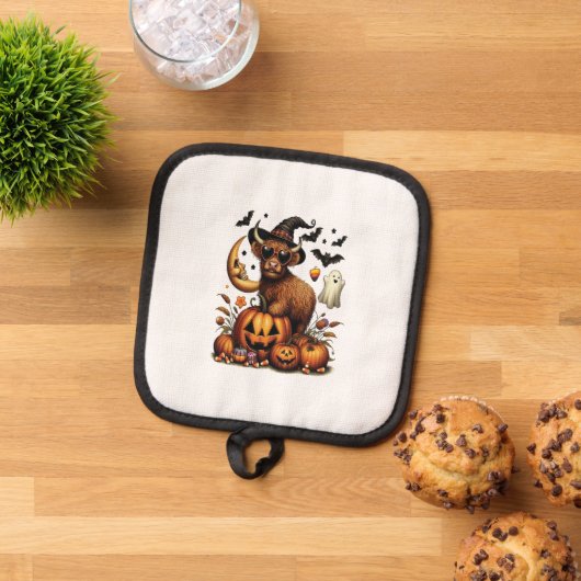 Highland Cow on Pumpkin Halloween 鍋敷き (トップダウン)
