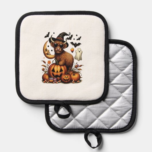 Highland Cow on Pumpkin Halloween 鍋敷き (正面/裏面)