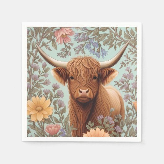 Highland Cow Pastel William Morris Inspired Floral スタンダードカクテルナプキン (正面)