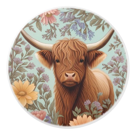Highland Cow Pastel William Morris Inspired Floral セラミックノブ (正面)