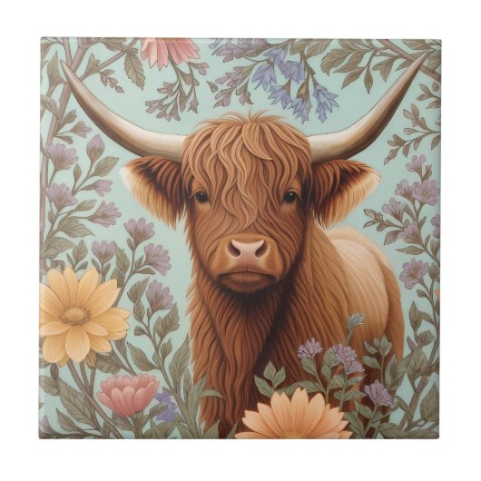 Highland Cow Pastel William Morris Inspired Floral タイル (正面)
