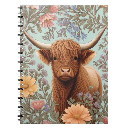 Highland Cow Pastel William Morris Inspired Floral ノートブック (正面)