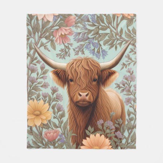 Highland Cow Pastel William Morris Inspired Floral フリースブランケット (正面)