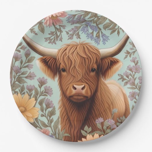 Highland Cow Pastel William Morris Inspired Floral ペーパープレート (正面)