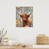 Highland Cow Pastel William Morris Inspired Floral ポスター (キッチン)