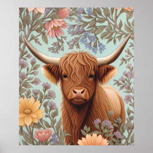 Highland Cow Pastel William Morris Inspired Floral ポスター (正面)