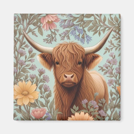Highland Cow Pastel William Morris Inspired Floral マグネット (正面)