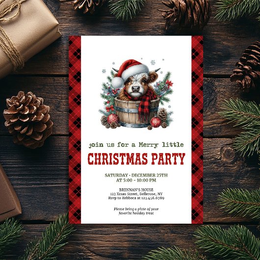 Highland cow pine branch Christmas party invite 招待状