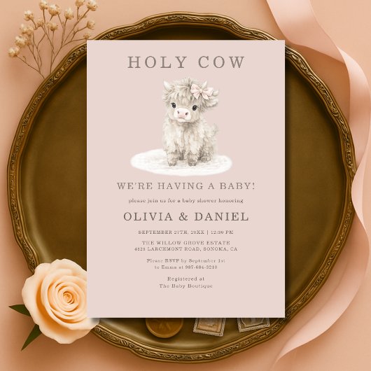 Highland Cow Pink Bow Girl Baby Shower  招待状