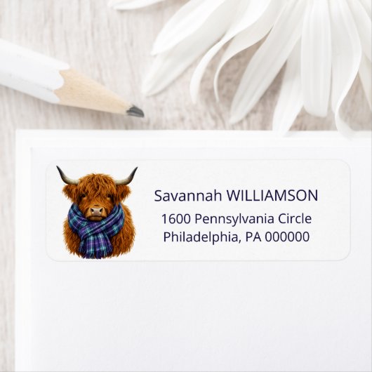 Highland Cow Plaid Scarf Return Address Label ラベル (インサイチュ)