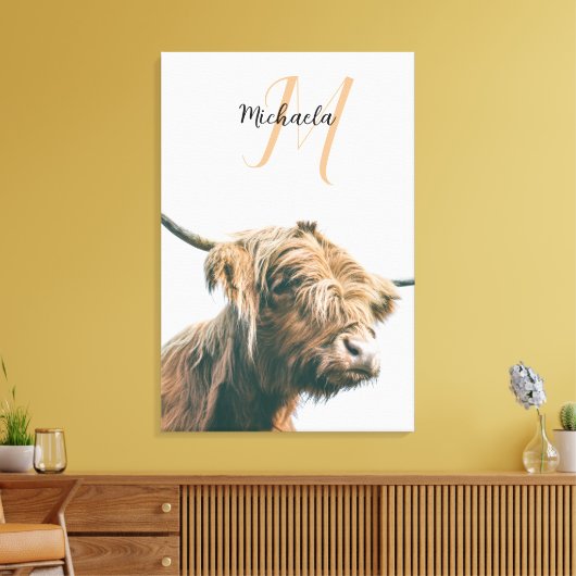 Highland cow portrait custom name initial monogram キャンバスプリント (インサイチュ (リビング))