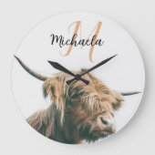 Highland cow portrait custom name initial monogram ラージ壁時計 (正面)
