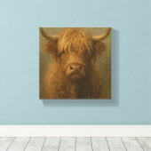 Highland Cow Portrait - Rustic Farmhouse Animal キャンバスプリント (インサイチュ (ウッドフロア))