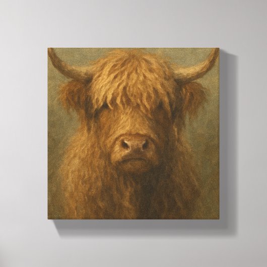 Highland Cow Portrait - Rustic Farmhouse Animal キャンバスプリント (正面)