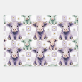 Highland Cow Purple Sage Easter Flowers Pastel ラッピングペーパーシート