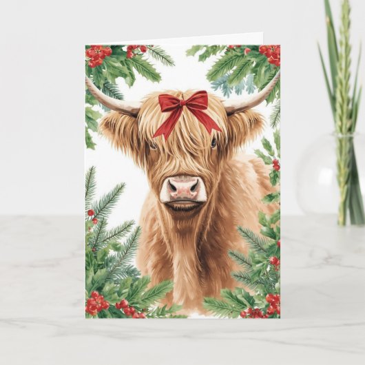 Highland Cow Red Bow Christmas  シーズンカード (正面)