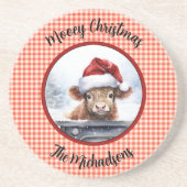 Highland Cow Red White Gingham Monogram Christmas コースター (正面)