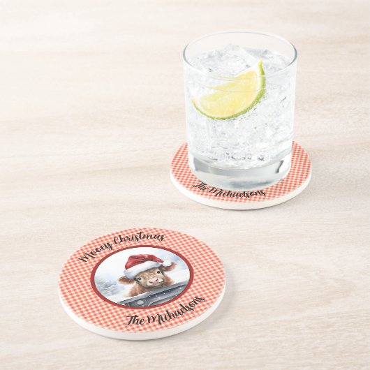 Highland Cow Red White Gingham Monogram Christmas コースター (側面)