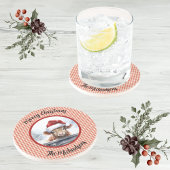 Highland Cow Red White Gingham Monogram Christmas コースター